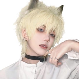 Sofeiyan Men's Short Wig, Ideal for Small Face, Wolf Cut, Wig, Black, Men's Wig, Straight, Full Wig, Natural, Everyday Use, Imechen, Unisex, Heat Resistant, Wig Net Included (Gold)