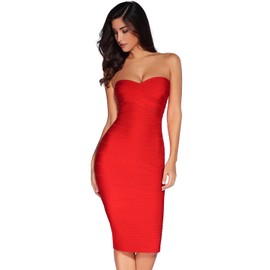 meilun Women's Rayon Strapless Below Knee Bandage Bodycon Party Dress (Small, Red)
