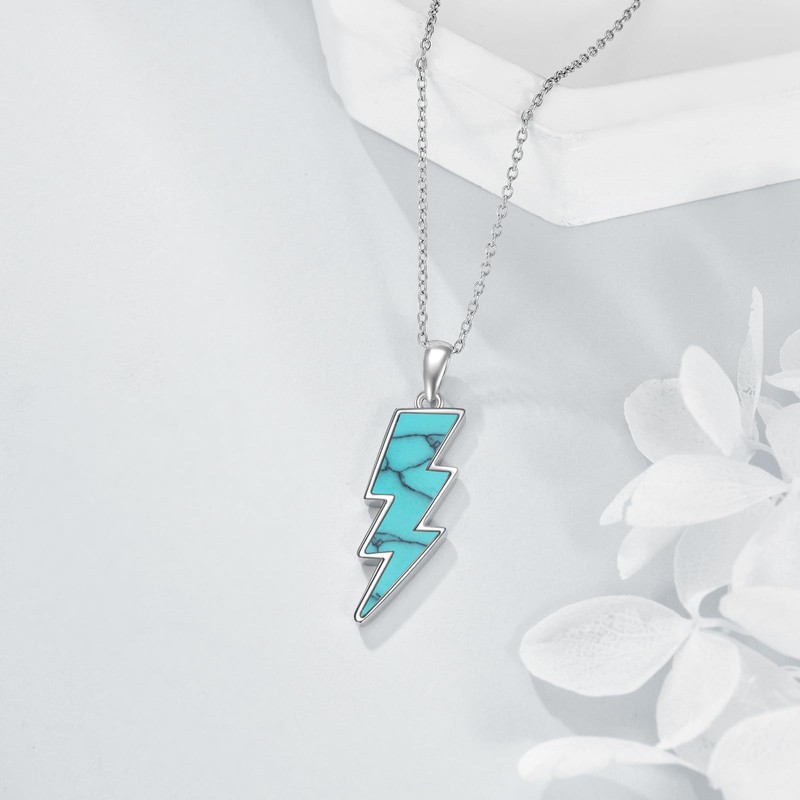 Lightning Bolt Necklace 925 Sterling Silver Turquoise Thunder Pendant Minimalist