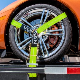 VULCAN Car Tie Down with Flat Hooks - Lasso Style - 2 Inch x 96 Inch - 4 Pack - High-Viz - 3,300 Pound Safe Working Load