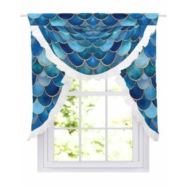Abstract Fish Scales Swag Valances for Kitchen Window Dark Blue Mist Blue Gradient Elegant Rod Pocket Window Treatment Decor 39x41 inch Waterfall Curtain for Bedroom Bathroom,Over Sink Valances