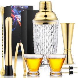 Pickmesh 9 Pcs Gold Cocktail Shaker Set 13 oz Glass Cocktail Shaker with Built-in Strainer, 2 Martini Glasses, Shakers Bartending Drink Mixer Set Cocktail Mixer Gifts Set for Dad, Boyfriend, Husband