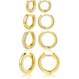 14k Gold Plated Huggie Hoop Earrings Set, 4 Pairs 8 Eaarings, Classic and Crystal Design, Small Hinged Hoops