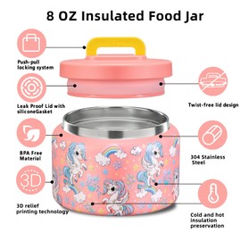 JXXM 8 Oz Thermo Food Jar for Hot & Cold Food for Kids, Insulated Lunch Containers Hot Food Jar,Leak-Proof Vacuum Stainless Steel Wide Mouth Lunch Soup Thermo for School (PINK-Unicorn)