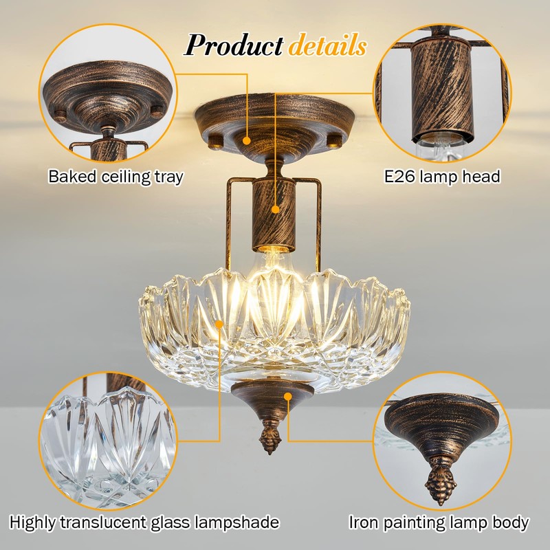 UOFUS Glass Ceiling Light Fixture Vintage Small Semi Flush Mount