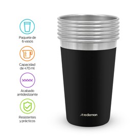 Redlemon Set de 6 Vasos de Acero Inoxidable y Ecológicos (470 ml), Fabricados con Materiales Resistentes, Fáciles de Lavar, Prácticos y con Diseño en Color Mate, Ideales para el Hogar y Reuniones