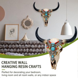 Southwest Cow Skull Wall-Decor - Rustic Tribal Bull Head Skull with Turquoise Stone 3D Resin Long Horn Faux bison Steer Buffalo Skull Wall Hanging for Home Office Room Wall Art Wall Ornament