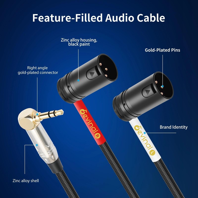 Devinal Right-Angle 1/8" inch to Dual Rotatable Right-Angle XLR Cable,