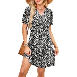RUMIA V-Neck Summer Tropical Sundress for Women- Ruched Short Sleeve Floral Casual Dress with Pockets for Hawaiian Vacation