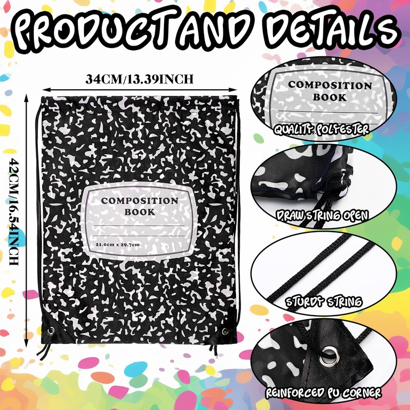 Sunnymove 24 Pcs Composition Book Themed Drawstring Bags Bulk Treat