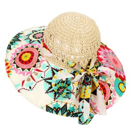 Wide Brim Straw Sun Hat for Women Floppy Beach Hat Foldable Roll Up Summer Sun Protection Hat Bowknot Sun Hat UPF50+ Travel Large Colorful Print Brim Outdoor Straw Panama Hat for Vacation Travel Beach