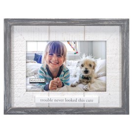 Malden International Designs 4x6 Trouble Never Looked This Cute Picture Frame Raised Dark Gray Rustic Wood Outer Moulding White Routed Rustic Wood Mat White MDF Attachment With Gray Screenprinted Text