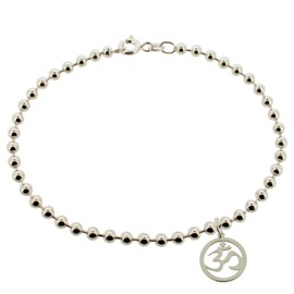 Christopher James of London CJoL - Sterling Silver Ladies 11" (28cm) 3mm Wide Bead/Ball Anklet With Om Ohm Aum Hindu Yoga Charm In Gift Box - 7.6g