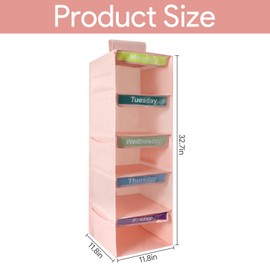 Motthjcw 5-Shelf Weekly Clothes Organizer for Kids, Collapsible Hanging Closet Shelves, Baby Closet Organizers and Storage with 6 Side Pockets, Daily Clothing Divider for Boys and Girls (Pink)