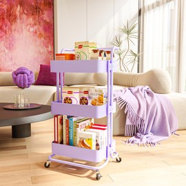 Mzzelry 3-Tier Metal Rolling Cart with Wheels, Utility Storage Cart, Multifunctional Organizer Storage for Office, Bedroom, Kitchen, Bathroom, Laundry (Purple)