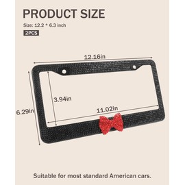 bylikeho License Plate Frame,Cute Car Accessories Stainless Steel Crystal Car Plate Covers,Shiny Rhinestones Premium License Plate Holder with Mounting Bolts,License Plate Frames (Black&Red)