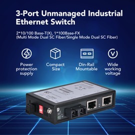 InHand Networks 3 Port Unmanaged Industrial Ethernet Switch, Media Converter, 2*10/100 Base-T(X),1*100Base-FX, Multi Mode Dual SC Fiber, Working Temperature -40° – 75°C, IP30, 2KM, UL Certification