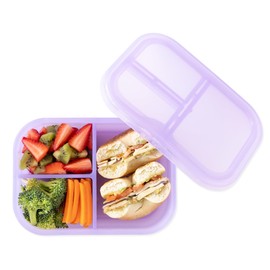 Bumkins Snack/Lunch Bento Box for Kids and Adults, 3 Compartment Container, Leak Proof Lid, for Portioning, Large Section Can Hold Sandwich, Food-Safe LFGB Platinum Silicone, Microwave-Safe, Purple