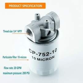 Hydraulic Oil Filter Assembly,3/4" NPTF hydraulic filter housing,10 Micron,20 GPM,1"-12 Thread spin-no hydraulic filter for Petroleum Based Fluids, 221006, ‎CP-751-10