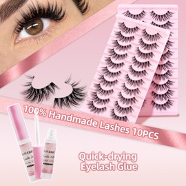 GEMERRY False Eyelashes 3D with Glue 10 Pairs Cat Eye Fake Lashes Natural Sweeping Russian Stripes Artificial Eyelashes (209-Kit)