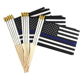 Newperlite Thin Blue Line American Police Stick Flag Small Mini Hand Held Flags - Solid Wooden Pole and Spear Top,12 Pack, 5x8 Inches