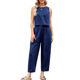 Rantar Womens Cotton Checker Set 2 Piece Beach Vacation Outfit Summer Tank Top Pants Suit