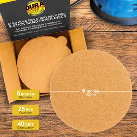 Dura-Gold Premium 6" Gold PSA Sanding Discs - 40 Grit, Box of 25 - Self Adhesive Stickyback Sandpaper for DA Sander, Finishing Coarse-Cut Abrasive - Sand Automotive Car Paint, Woodworking Wood, Metal