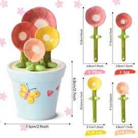 MARUKO Keramik Messlöffel Set, Ceramic Measuring Spoons Sets, Niedliche Blumen-Messlöffel mit Aufbewahrungstopf für trockene und flüssige Zutaten, 1/4 TL, 1/2 TL, 1 TL, 1 EL