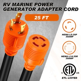 Kanayu 30 Amp Generator Cord and Power Inlet Box, L5-30p to L14-30r 30 Amp 3 to 4 Prong Locking Connector with Pre-drilled L14-30p Inlet Box Generator to House Combo Kit, Stw 10 Awg, Etl Listed(25 ft)