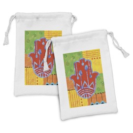 Ambesonne Hamsa Fabric Pouch Set of 2, Colorful Framework Lily Hamsa and Prehistoric Tribal Geometric Shapes on Backdrop, Small Drawstring Bag for Toiletries Masks and Favors, 9" x 6", Multicolor