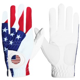 FINGER TEN Golf Gloves USA Flag Blue Camo Plaid Men Left Hand Right with Ball Marker Pack, Mens Leather Golf Glove All Weather Grip, Fit Size Small Medium ML Large XL (USA Flag, Medium, Left)