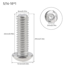 Smgda 5/16-18 x 1" Button Head Socket Cap Bolts Screws, 304 Stainless Steel 18-8, Full Thread, Allen Hex Drive, 20 PCS (5/16-18 x 1")