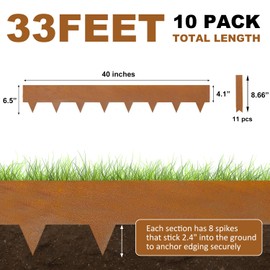 Hugeleaf 10 Pack 6.5 Inch Corten Steel Landscape Edging with 11 Pcs Metal Clips, Hammer-in Heavy Duty Metal Edging Pack of 10 (33 Feet Total Length) -Edge for Lawn Garden Yard, Above Ground 4.1 Inch