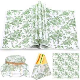 Marspark 100 Sheets Floral Wax Paper for Food Wrapping 11.4 x 11 Inches Spring Floral Food Basket Parchment Paper for Picnic Wedding Candy Cookies Baking Sandwich Burgers Greaseproof Wrapping (Green)