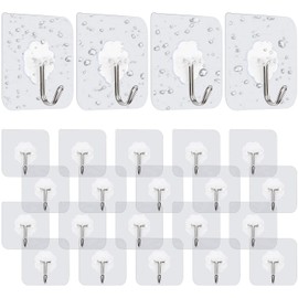 LETTURE Ganchos Adhesivos Transparentes, 24PCS Ganchos de Baño Adhesivos Ganchos Impermeables y Reutilizables Sin Costura, Gancho de Pared de Cocina con Ganchos Inoxidables