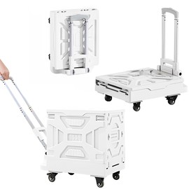 VECELO Rolling Carts with Wheels, Foldable Utility Cart, Light Weight Platform Trucks Dolly, with Recessed Design for Lids, 4 Heavy Duty Wheels, Ideal for Shopping, Camping, Teachers, Pearl White
