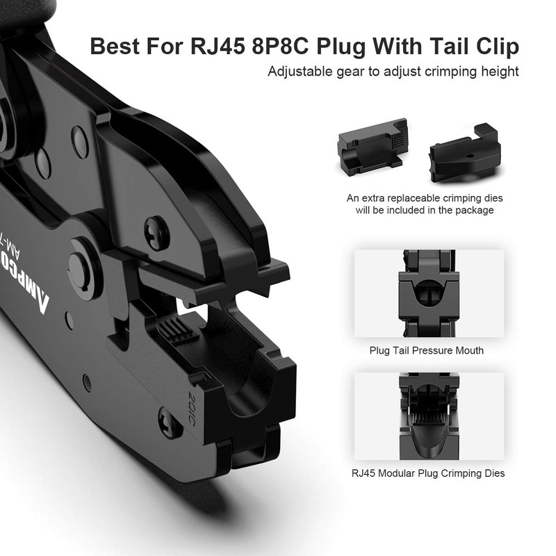 AMPCOM One-step RJ45 Ratcheting Crimper for Cat6A, Cat7 Shielded Connector