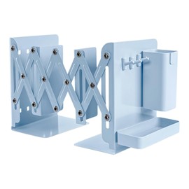 Adjustable Bookends, 2 Dividers, Non-Skid Heavy Duty Book Ends, Telescopic Book Organizer Rack Extends Up to 45cm, Metal Bookends for Home Office School Library (blue)