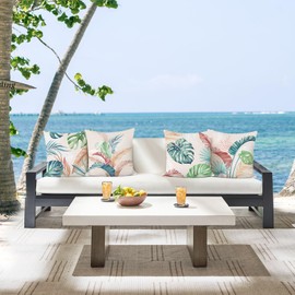 Bonhause Tropical Leaves Throw Pillow Covers 18 x 18 Inch Set of 4 Pink Green Palm Leaf Decorative Pillow Cases Soft Velvet Cushion Covers for Couch Sofa Bed Home Decor