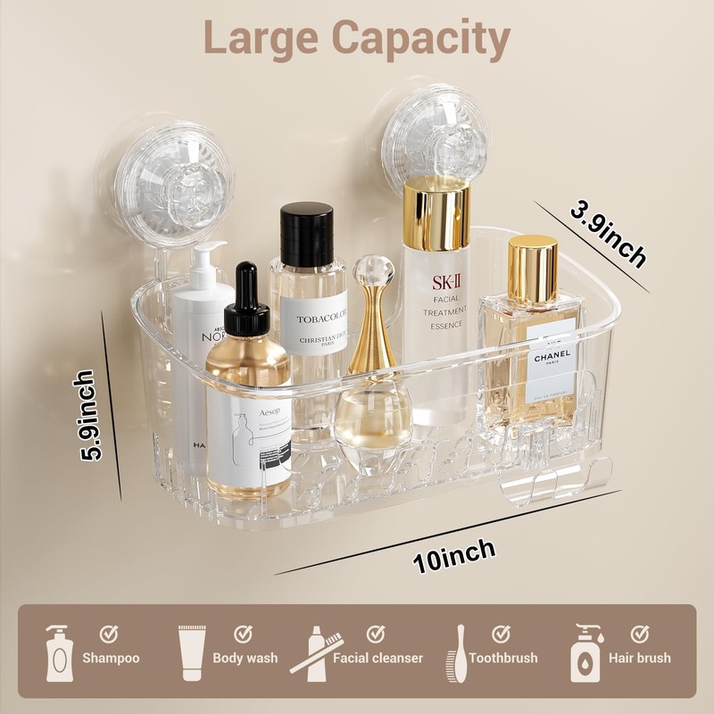 Luxear Shower Caddy, Suction Shower Caddy with Razor Hooks, Clear