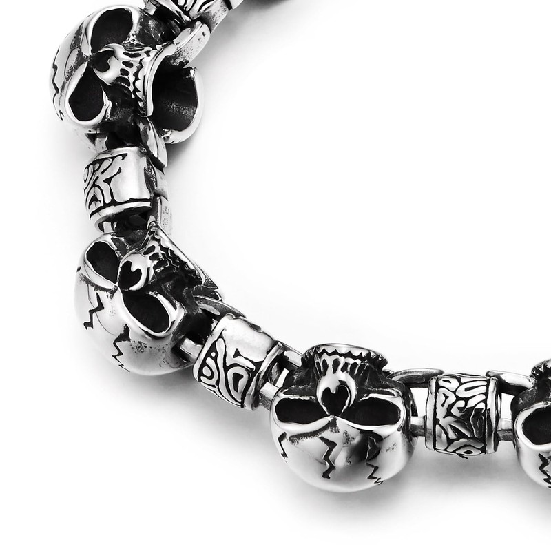 COOLSTEELANDBEYOND Men's Stainless Steel Skull Bracelet, Gothic Punk Biker Chain
