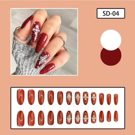 24 Pcs Red Christmas Press on Nails Medium Length Almond Fake Nails with Snowflake Design Christmas Glue on Nails Glossy Full Cover False Nails Artificial Christmas Nails for Women Manicure Decor