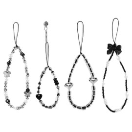 Gosknor 4pcs Beaded Phone Chain, Crystal Beaded Phone Charms Pearl Phone Bracelet Strap Handmade Beaded Cell Phone Lanyard Stationery Decoration Pendant Phone Wrist Wristlet Strap for Women
