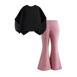 Girls 2 Piece Outfits Long Sleeve Crew Neck Bow Sweatshirt Top and Flare Pants Set Black Pink 13-14Y