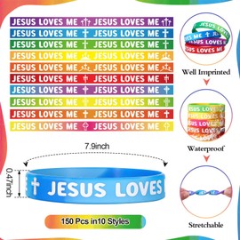 PullCrease 150 Pcs Jesus Loves Me Wristbands Bulk 10 Styles Rainbow Religious Silicone Bracelets Christian Cross Silicone Wristbands Gift for Bible School Church Group