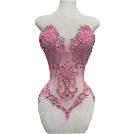 MOPISVN Pure Handmade Bodice lace Rhinestones Applique Sewing Stones Beads Crystal Trimming Patches Accessories for Weding Dress Decorations 13.7X22inches (Pink)