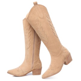 SHIBEVER Cowboy Boots for Women Knee High Suede Pointed Toe Cowgirl Boots Embroidered Pull-On Chunky Heel Western Boots Apricot 6.5
