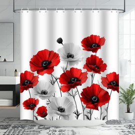JEJOMEAG Red Floral Shower Curtain Rustic Flowers Spring Summer Botanical Country Farmhouse Plant Wildflower Fabric Bathroom Decor Curtain with Hooks, 70Wx70H