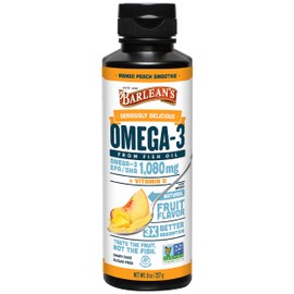 Barlean's Omega 3 Fish Oil Liquid Supplement with Vitamin D for Men and Women, 1080mg of EPA and DHA Fatty Acid, Promotes Brain & Heart Health - Non-GMO, Mango Peach, 8 oz