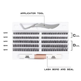 Individual Lashes 120 Cluster Lashes 3D False Eyelashes Natural Look D Curl Reusable Fluffy Lash Extension Kit with Applicator and Lash Bond and Seal DIY Cluster Eyelash Extensions Mix 10-16MM-DM01